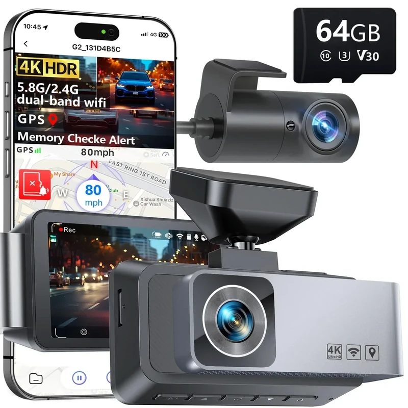Gleetour Dash Cam Front and Rear, 4K HDR Dash Camera for Cars, 3" IPS Screen Dash Cam Built-in GPS with 5.8G WiFi UHD Night Vision Free 64G Card, Parking Monitor, G-Sensor