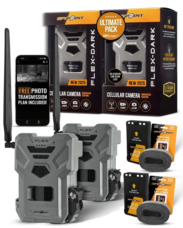 SPYPOINT Flex-Dark Twin Ultimate Pack with 2 SD Card + 2 LIT-22 - Cellular Trail Camera, 40MP Photos, 1080p Video + Sound, No-Glow Game Camera, Hunting Night Vision, Motion Activated,100ft Detection