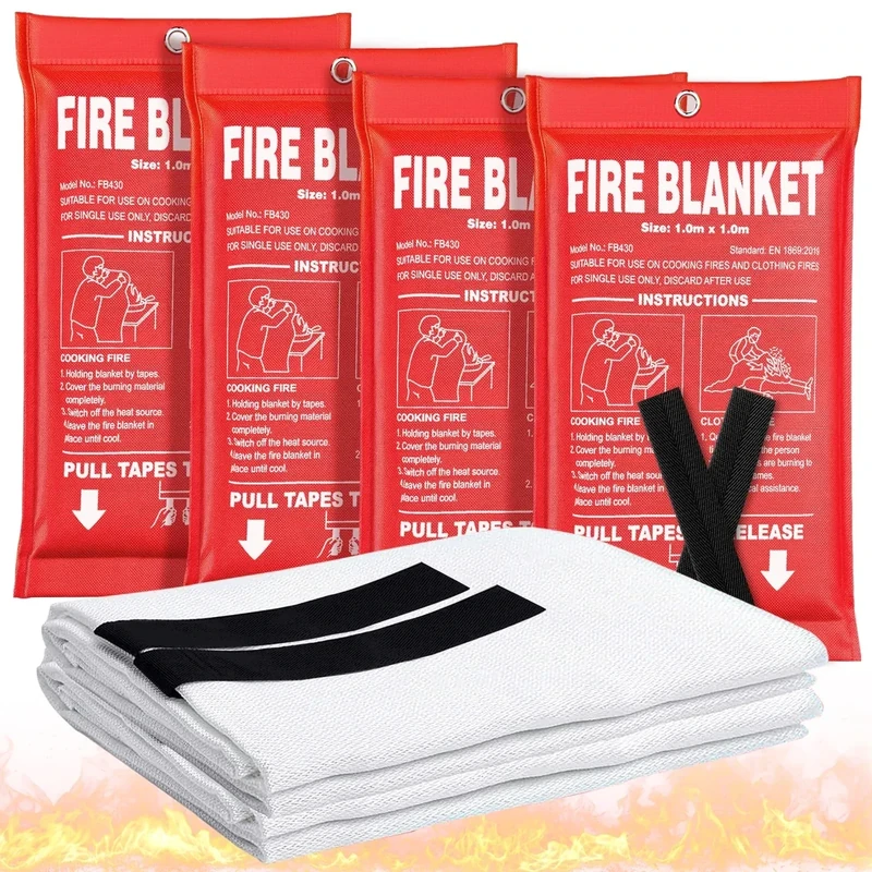 Andyssey Fire Blanket 4 Pack - 40" x 40" Prepared Emergency Fire Blanket for Home and Kitchen, RV, Grill, Fireplace, Safe & Easy for Young Adults and Elderly Living Alone