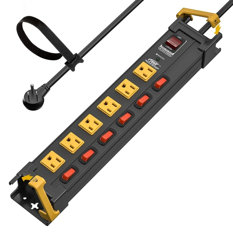 CRST 6 Outlets Heavy Duty Metal Power Strip with Individual Switches, 15A/1875W 1020Joules Surge Protector Power Strip with Cord Manager for Garage, Shop, Workspace, Home, Office, School. 6FT Cord