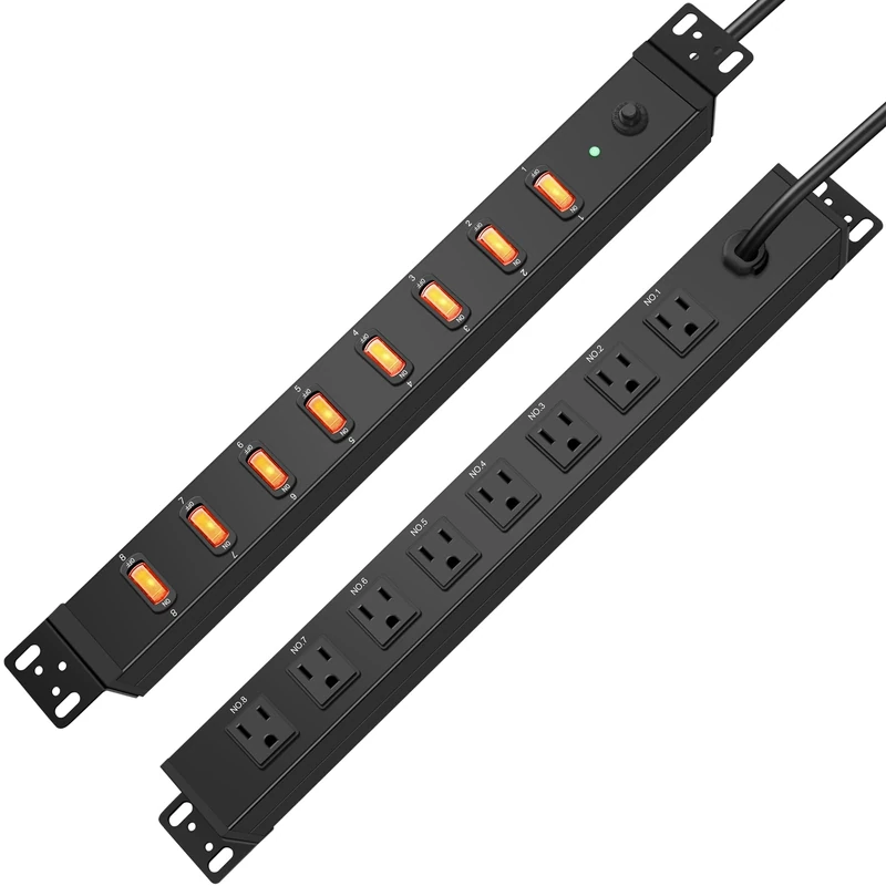 HHSOET 1U Rack Mount Surge Protection, 8 Outlet PDU Power Strip, Metal Mountable Outlet Strip with Switch,1200 J,10ft Power Cord.