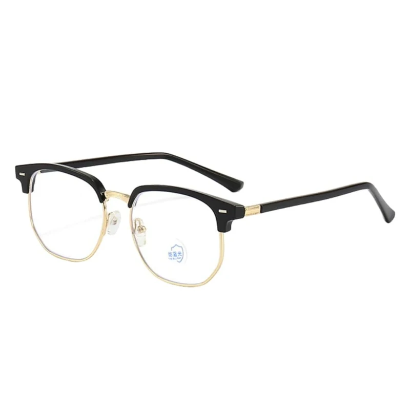 Shiratori Retro Eyebrow Frame Glasses for Men, Semi-Rimless Blue Light Blocking Glasses, Anti Blue Light Computer Glasses, Trendy Vintage Style Reading Glasses, Clear Lens Gold Black