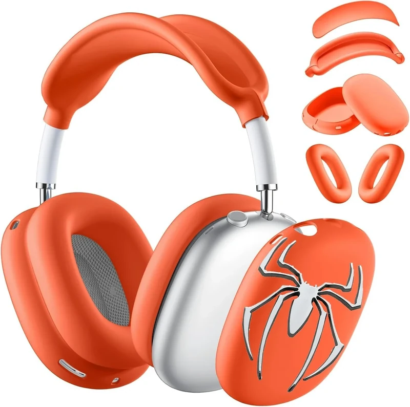 [4 in 1] Case Cover for AirPods Max Headphones,Clear Soft Ear Cups Cover Accessories for Apple AirPods Max (2024/2020) (Silicone Orange Spider)