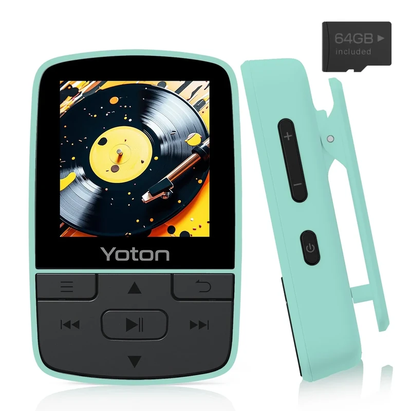 Yoton MP3 Player with Bluetooth 5.2, 64GB, HiFi-Music, with Sports Clip and Independent Volume Button, FM Radio, Earphones Included (Green) - Image 1