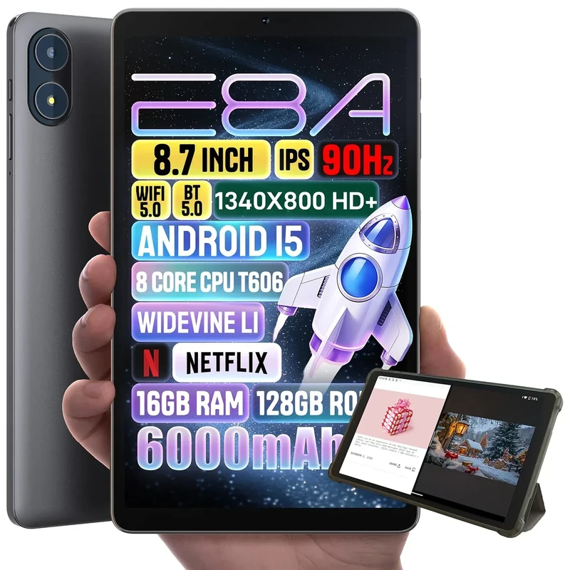 Zuleisy Android 15 Tablet 8.7 inch, Octa Core, 16GB RAM, 128GB ROM, 1TB Expandable, 8.7" HD IPS 1340x800, 5MP+8MP Camera, 5G WiFi+BT5.0+GPS, Type-C, with Headphone Jack, Leather Case Included