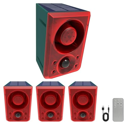 ChunHee Solar Outdoor Motion Sensor Alarm with Dog Barking Gunshot Sound, Support Recording and Adjustable Volume, 130db Loud Noise Maker 3 Work Modes Strobe Light for Home, Villa, Farm, Barn (4pack)