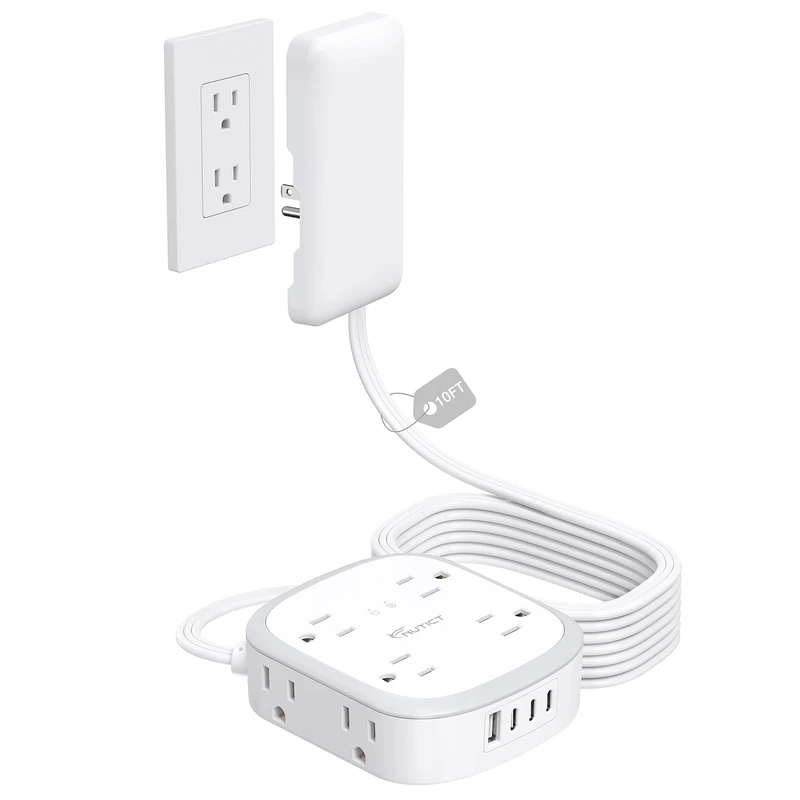 NUTICT 10ft Flat Plug Power Strip - 8 Outlets, 3 USB-C, 1 USB-A, 13A