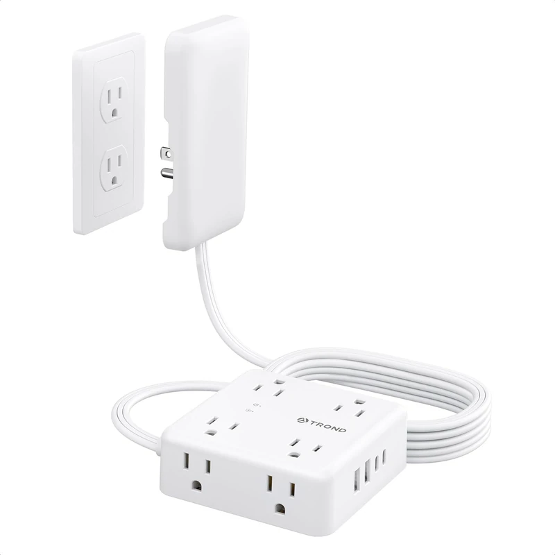 TROND Flat Power Strip with Outlet Cover - 10FT Long Extension Cord with 8 AC Outlets, Flat Wall Plug with 2 USB A & 2 USB C Ports, 1700J Surge Protector, Compact for Home Office Dorm Room Essentials