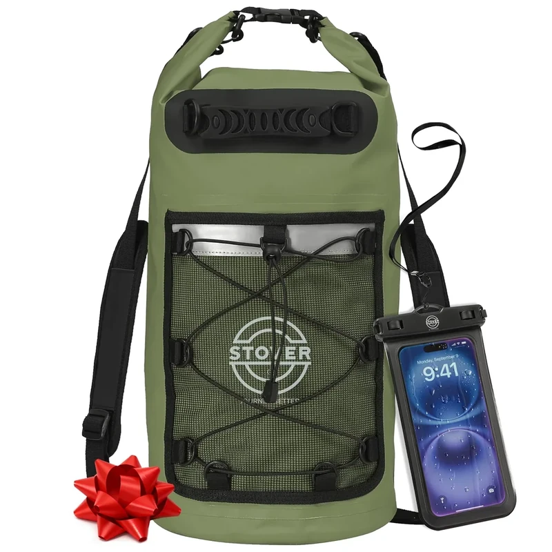 STOVER 5/10/25/30/40/55L Waterproof Dry Backpack & Phone Case- Large Floating Dry Bag for Kayaking, Travel, Hiking, Fishing, Camping, Motorcycles & Beach, Heavy-Duty Roll Top Men/Women (Green)
