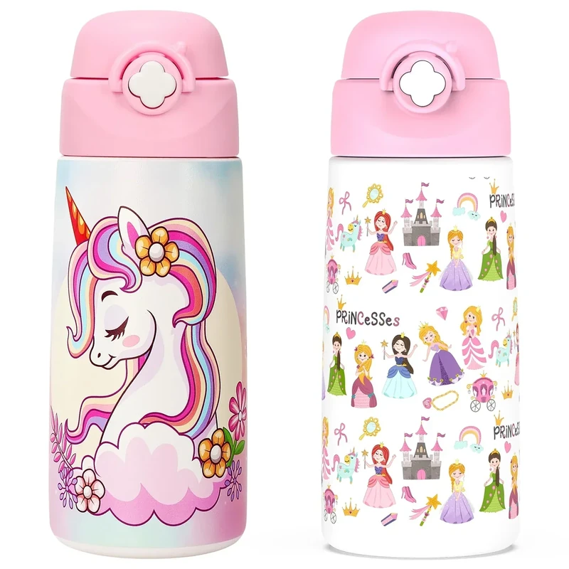Ntswasd Girls Insulated Water Bottle with Covered Pop-Up Straw,16 oz Kids Cups with Stainless Steel Leak Proof for School（2 pack,Unicorn+Princess）