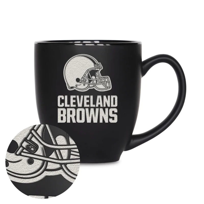 Rico Industries NFL Football Cleveland Browns 15oz Laser Engraved Matte Black Ceramic Bistro Mug - for Hot or Cold Drinks