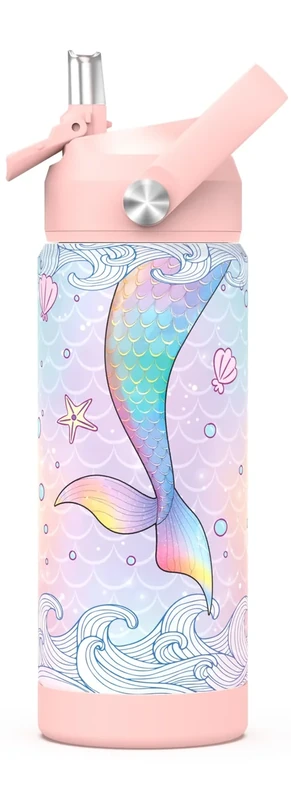 Ntswasd Girls Water Bottle with Straw,18 oz Kids Insulated Cups with Stainless Steel Leak Proof for School,Sport&Travel（Mermaid）