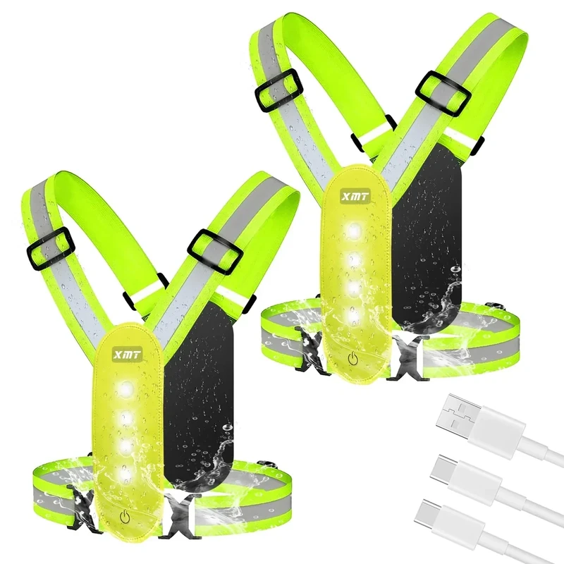 XMT Reflective Running Vest 2PC, High Visibility Rechargeable Adjustable Led Vest with Adjustable Waist and Shoulder, LED Cycling Gear