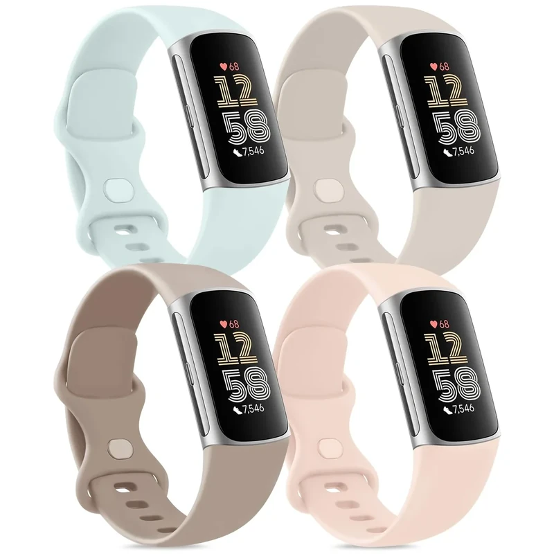 Vancle Band Compatible with Fitbit Charge 6 Bands Women Men[4 PACK], Classic Soft Replacement Sport Straps Wristbands for Fitbit Charge 5 Fitness & Health Tracker (Light cyan + starlight + milk tea + light pink, Large)
