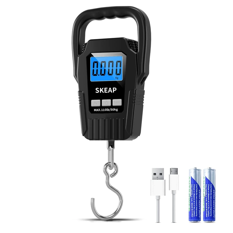 SKEAP Digital Fish Scale - 110lb/50kg Backlit LCD Fishing Gear with Portable Handle, Includes 2 AAA Batteries & Stainless Steel Hook, with USB Charging- Fishing Gifts for Men