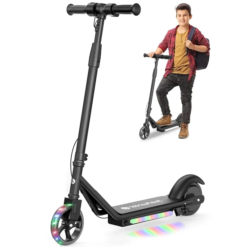 isinwheel Electric Scooter for Kids Ages 6-12, 150W Motor, 6/10 MPH Speeds, Colorful Lights, Adjustable Height, Kids Electric Scooter with Dual Brake & Thumb Throttle— Great Gift for Boys & Girls