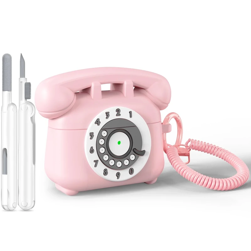 KOREDA for AirPods Pro 2nd/1st Generation Case Cover with Cleaner Kit & Lanyard, Cute Funny Telephone Design Silicone Protective Case for AirPods Pro 2 - Pink