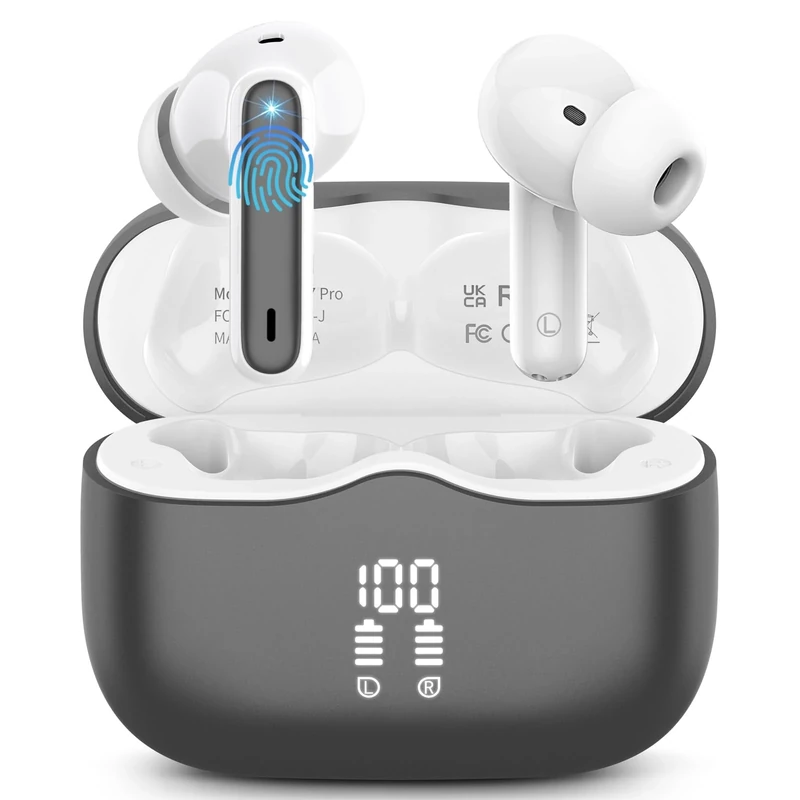 xinwld Wireless Earbuds, 2025 Bluetooth 5.4 Headphones in Ear with 4 ENC Noise Cancelling Mic, New Wireless Earphones HiFi Stereo Deep Bass 40H Playtime, LED, in-Ear Bluetooth Ear Buds IP7, Dark Gery