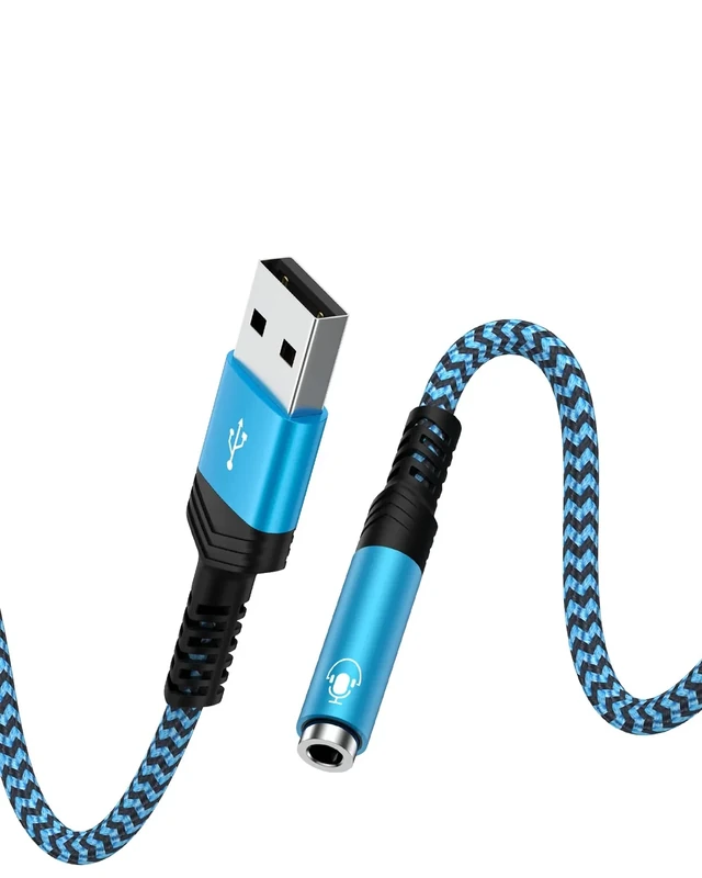 USB to 3.5mm Audio Jack Adapter, Braided USB-A Male to Aux Female Headphone TRRS Stereo Dongle Type a External Sound Card Cable Converter for PS4 PS5 Headset Laptop Mac Linux Desktops Windows -Blue