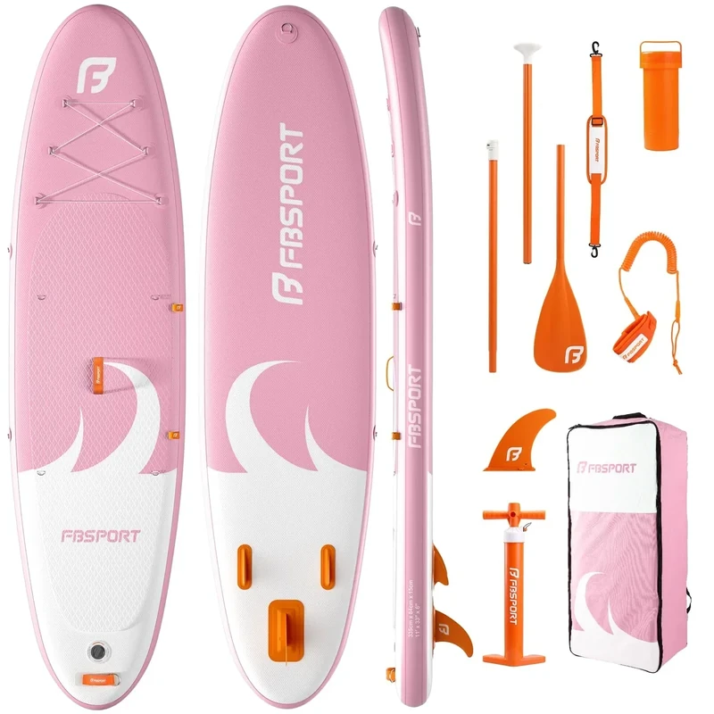 FBSPORT 11' Premium Stand Up Paddle Board, Yoga Board with SUP Accessories & Carry Bag | Wide Stance, Surf Control, Non-Slip Deck, Leash, Paddle and Pump for Youth & Adult (Orange Pink)