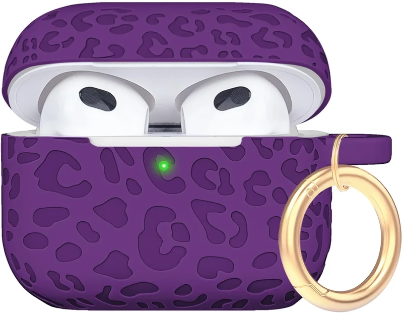 Engraved Case for AirPods 3rd Generation Carving Cover with Keychain, Leopard Skin Soft Cover for Compatible with AirPods 3rd Generation Case Full Protection,Front LED Visible,Deep Purple - Image 1