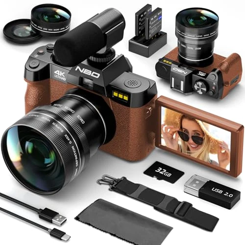 NBD 5K Digital Cameras for Photography - 16X Zoom Travel Camera with 180° Flip Screen, 64MP Vlogging Cameras Fotograficas for YouTube, Auto Focus, Macro Lens, 2 Batteries & 64GB TF Card（Brown）