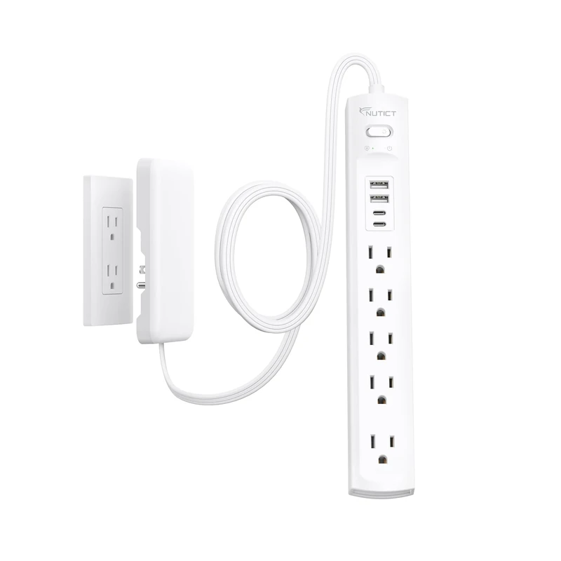 NUTICT Flat Plug Power Strip 10ft, Outlet Cover Extension Cord with 5 Outlets and 4 USB Ports, 1440J Surge Protector, 10A/1250W, White Flat Wall Plug Extension Cord Ideal for Home Office Furniture