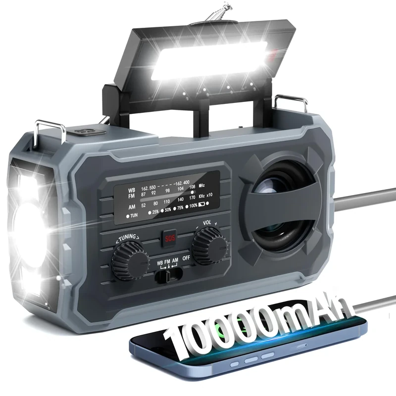 Hand Crank Emergency Radio, 10000mAh Weather Radio with AM/FM/NOAA, Solar Prower, SOS Alarm, Phone Charging, LED Flashlight, Portable Survival Gear for Outdoor & Home Emergencies Kits, Grey