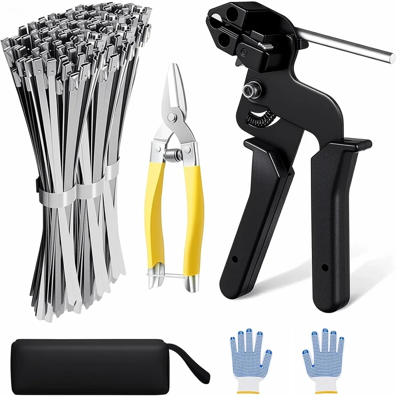 Balabulala Stainless Steel Cable Tie Gun with Metal Zip Ties, for Fastening and Cutting Metal Cable Ties, 100pcs 11.8inch Stainless Steel Zip Ties heavy duty for Chain Link Fence, Exhaust Pipe Outdoor