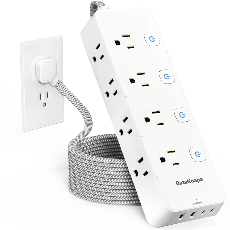 RataKoapa 10ft Surge Protector - 8 AC Outlets, 4 USB (2 USB-C), 1400J