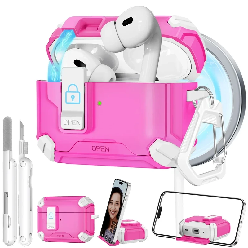 Ekoonpft Rose Red AirPods Pro 2 Secure Lock Case with MagSafe Stand
