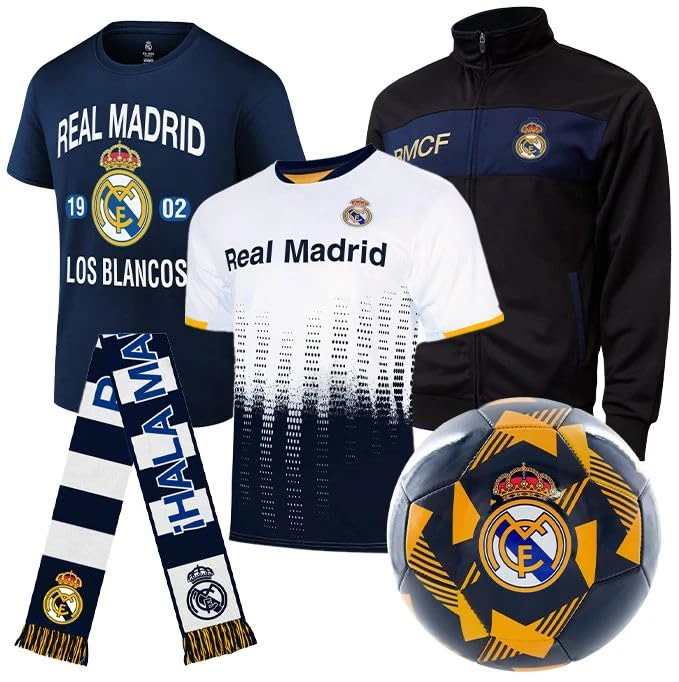 Icon Sports Real Madrid Ultimate Fan Pack – Officially Licensed 5-Piece Soccer Merch - Shirt, Jersey, Jacket, Scarf, Ball M Black