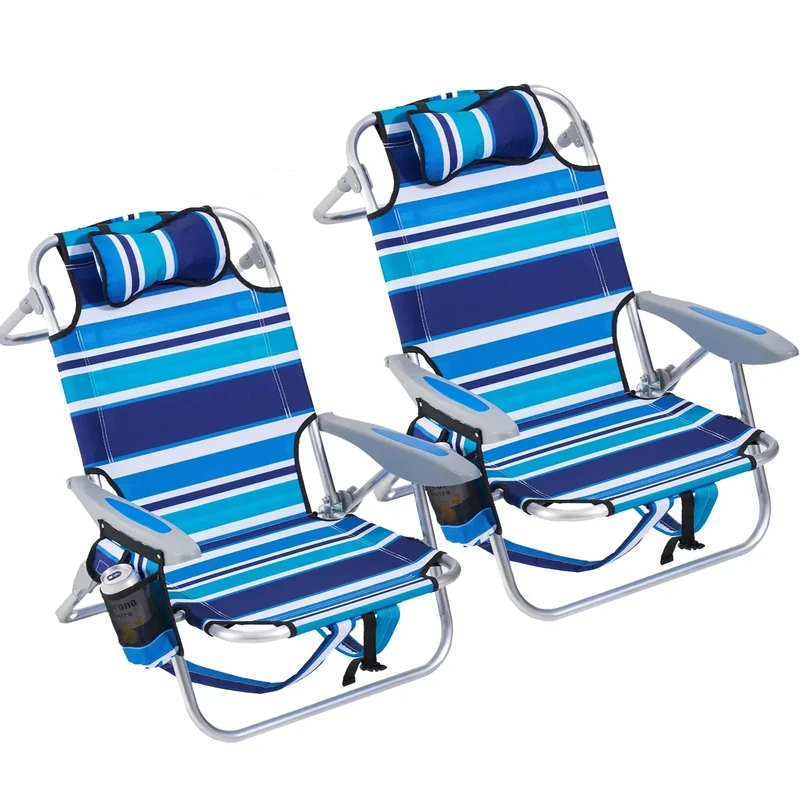 Canpsky 2 Pack Lightweight Portable Camping Beach Chair for Adults, Outdoor Lay Flat Folding Beach Chairs with 5 Positions, Backpack Beach Chair with Towel Bar, Zipper Pouch, Cup Holder, Blue Green
