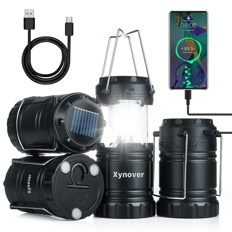 Xynover 4-Pack Solar Camping Lanterns,Rechargeable LED with USB/Solar/AA Battery,Magnetic Base,Hanging Hook,Collapsible, Waterproof for Emergency, Hiking,Hurricane,Campsites,Lanterns for Power Outages