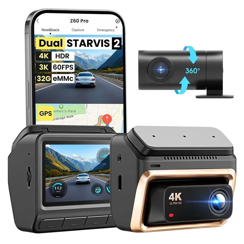 DDPAI 4K Dash Cam Front and Rear, Dual STARVIS 2 IMX678 IMX662 Dashcam,4K+1080P HDR Car Camera With Bulit-in 32G eMMC, 3K/60FPS,4G LTE Support,5G WiFi GPS, 3" IPS,Night Vision,24H Parking Mode,Z60 Pro