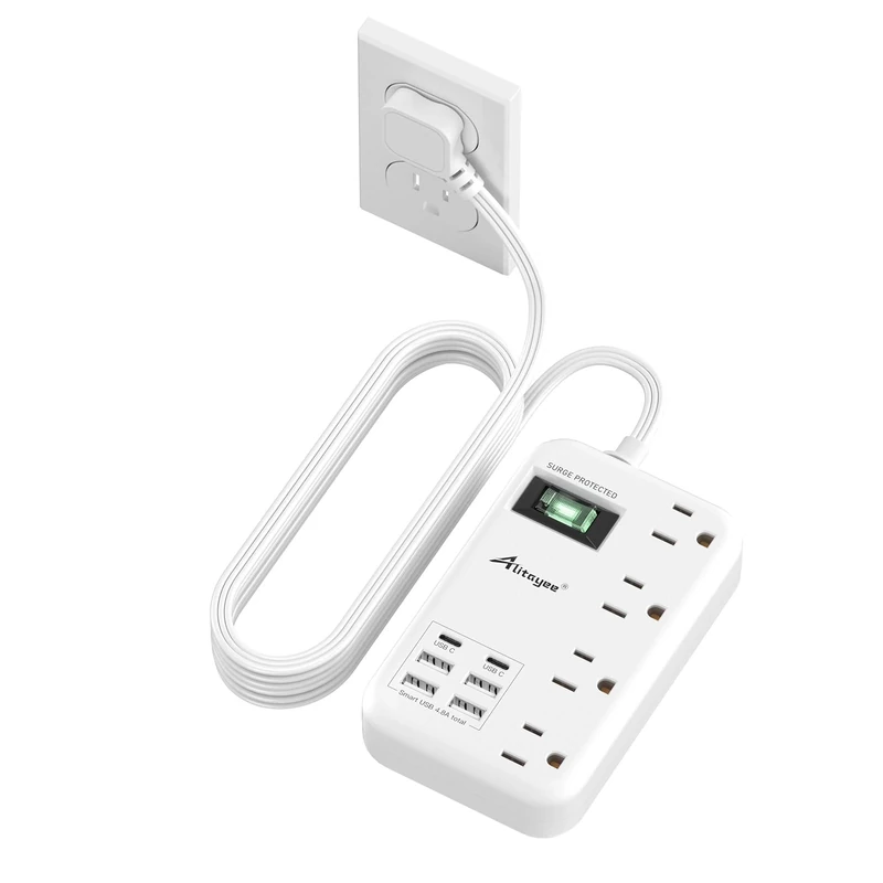 Alitayee 6 USB(2 USB C) Surge Protector Power Strip- Travel Power Strip with 24W USB Charging Station and 4 Extendable Outlet Extender, 6Ft Flat Extension Cord with Wall Mounted for Travel Home Dorm