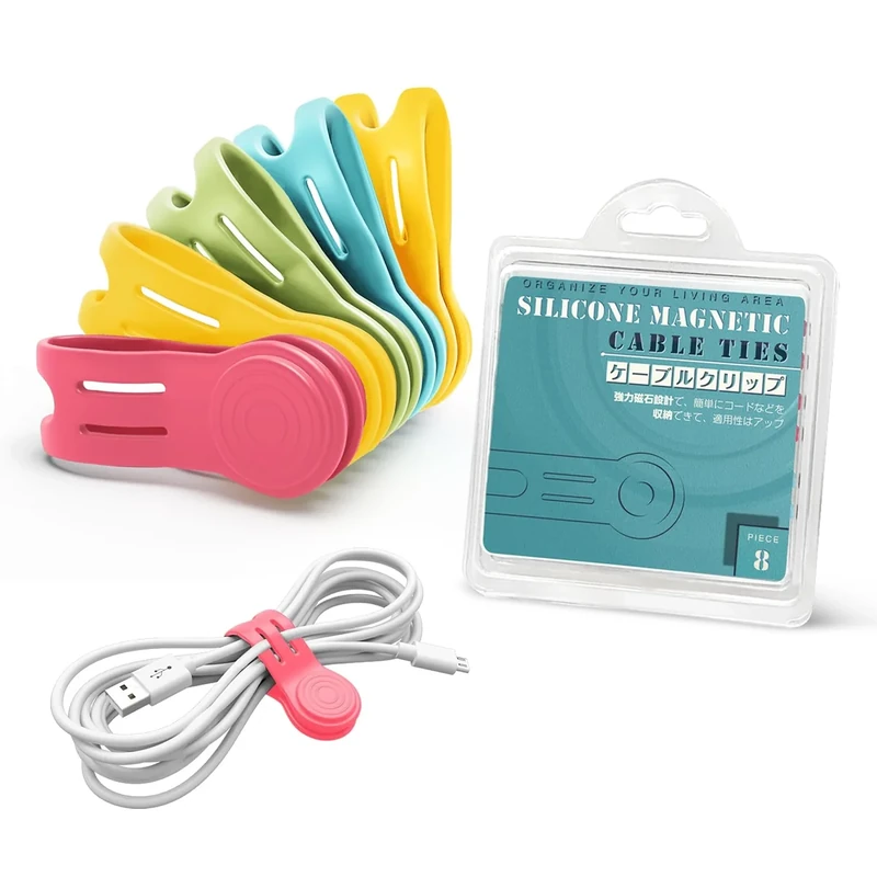 Kanemc Magnetic Cable Organizer For Cords, Cord Wrap Silicone Zip Ties Twist Ties Magnet Strap For Smartphone Charger Earphone Video Game USB C Cables (Macaron Color, S-size)