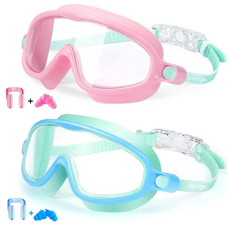 Kids Goggles for Swimming 2 Pack No Leaking Anti-Fog Outer Eye Fit with Wide View UV Protection Crystal Clear Watertight Swim Goggles with nose cover Suitable for Children Youth Boys Girls Age 3 to 14