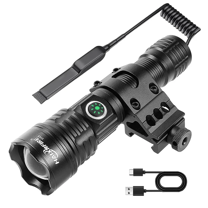 haixnfire Tactical Flashlight Type-C USB Rechargeable 6000 lumens Zoomable LED Waterproof flashlights with Pressure Switch Picatinny Rial Light