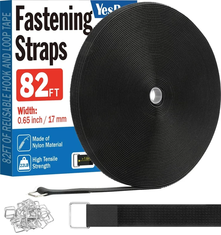 0.65" x82ft Hook and Loop Straps with 40 Metal Buckles, Adjustable Fastening Cinch Straps, Cut to Length Cable Straps, Reusable Nylon Straps 0.65 Inch Wide for Organizer or Storage, Black