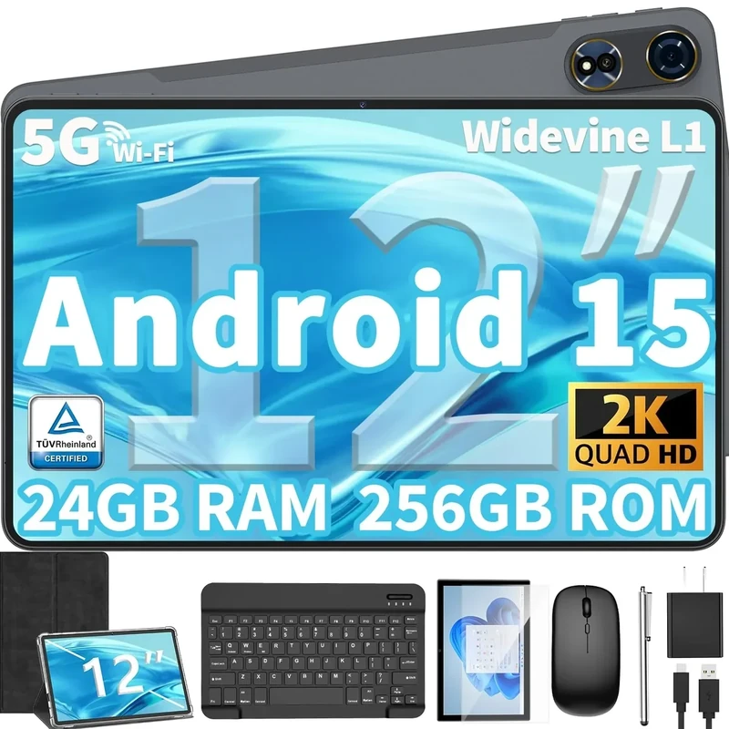 12 Inch Tablet Android 15 Tablets, 2026 Upgraded Android Tablet with Keyboard, 24GB RAM+256GB ROM(1TB Expand), Octa-Core, 2K 2000x1200 Display, 16MP Dual Camera, 8000mAh, 2.4G/5G WiFi, GPS (Black)