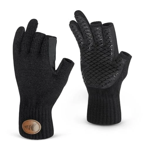 KastKing Bully Wooly 3-Cut Fingerless Fishing Gloves, Ice Fishing, Wool Gloves, Cold Weather Thermal Warm Knit Glove for Running, Driving, Hunting, Hiking, Winter Gloves for Women & Men