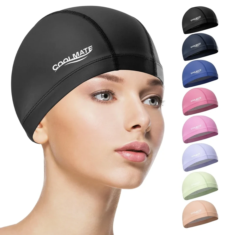 COOLMATE Fabric Swim Cap for Adult Women Men Kid 3 4 6 8 14 16, Silicone Water Resistant Layer, Cloth Swim Cap Gifts for Swimmers, Lightweight and Comfortable for Pool, Lap Swimming (Black, M)