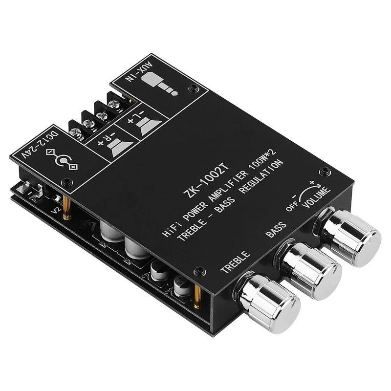 ZK-1002T Bluetooth Amplifier Board 2.0CH 100W*2 Mini Audio AMP with Treble and Bass Control, BT and AUX Inputs, DC 9-24V Stereo AMP Module for Home Speakers, Update Version APP Control