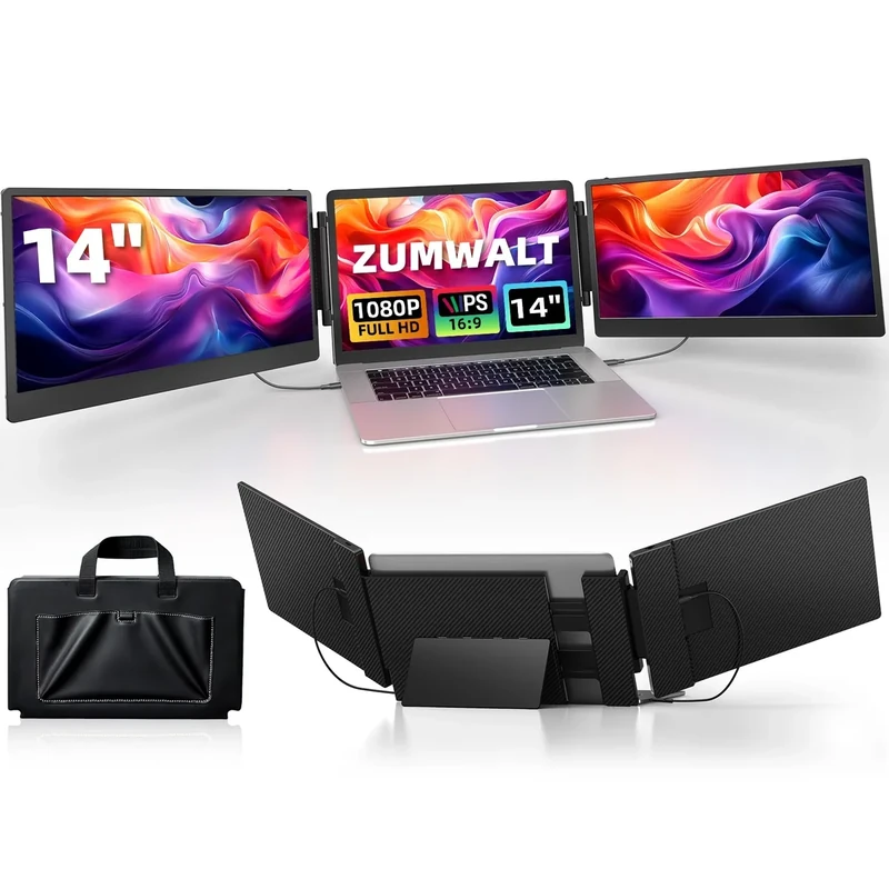 ZUMWALT Laptop Screen Extender, 14" Triple Portable Monitor for Laptop, 1080P FHD Screen Extender Monitors for 13"-16.5", Monitor Extender for MacOS/Windows/Chrome (Built-in Speakers)