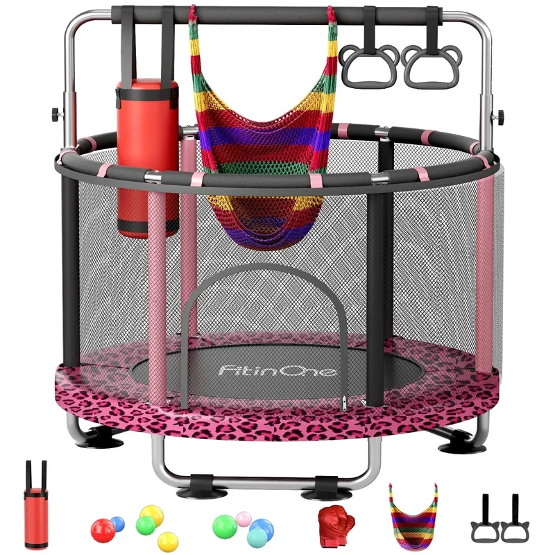 FitinOne 55" Toddler Mini Trampoline for Kids, Indoor Outdoor Toys with Swing, 440lbs Baby Kids Trampoline, Gymnastics Bar, Birthday Gifts for Boy Girl Age 1-8(Leopard)