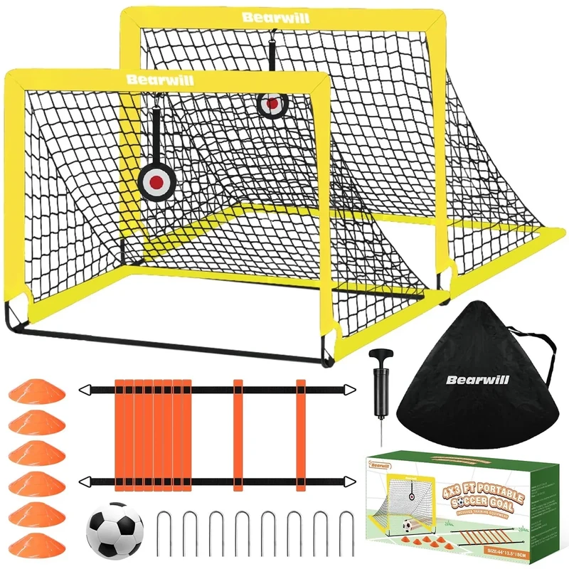 Bearwill Soccer Goal, Kids Soccer Goals for Backyard Set of 2, 4x3ft Portable Soccer Goal Pop Up Soccer Net, Kids Soccer Net Training Equipment with Soccer Ball, Ladder, Cones, Targets