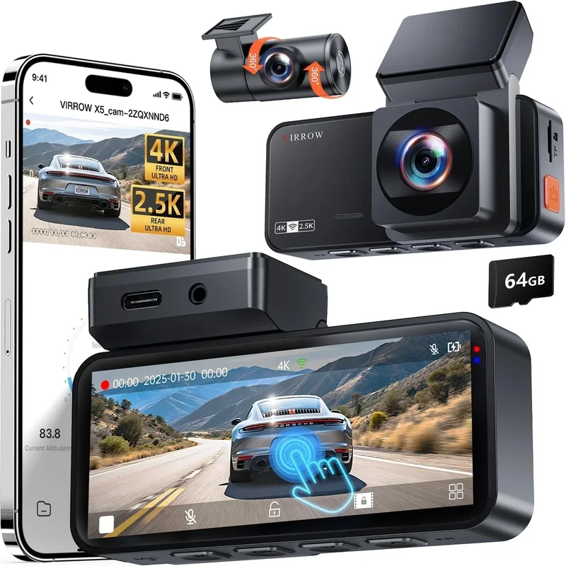 VIRROW X5 Dash Cam 4K Front 2.5K Rear - 3.39" 64GB Parking Mode