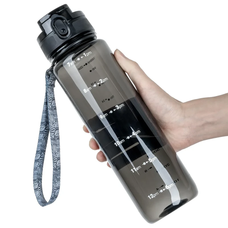 OLDLEY 32 oz Water Bottle, Motivational Water Bottle with Time Marker, Sports Water Bottle With Strap, Leakproof & BPA Free Large Water Bottles for School, Gym, Travel,Tritan, Transparent Black