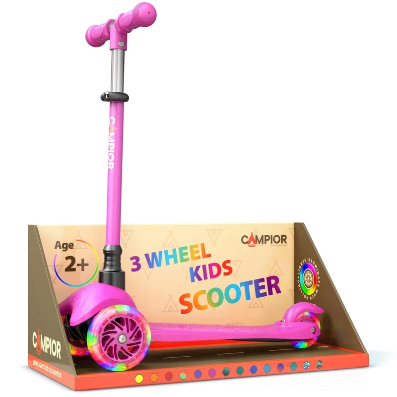 Pink Mini 3 Wheel Scooter for Kids – Lean-to-Steer with LED Light-Up Wheels, Adjustable Handlebar, Wide Anti-Slip Deck, Smooth PU Wheels, Rear Foot Brake – Toddler Scooter for Ages 2+